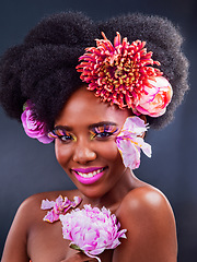 Image showing Makeup, flowers and happy with portrait of black woman for beauty, creative and spring. Natural, cosmetics and floral with face of model isolated on studio background for art, self love or confidence