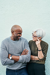 Image showing Business, people and conversation for teamwork and commitment in white background for success. Professional, entrepreneur and wall talk together for collaboration as friends working for a company.