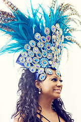 Image showing Samba, music and dance with woman at carnival for celebration, party and festival in Rio de Janeiro. Summer break, show and creative with brazil girl for performance, holiday and culture event