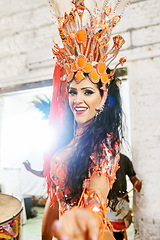 Image showing Samba, music and dance with woman at carnival for celebration, party and festival in Rio de Janeiro. Summer break, show and creative with brazil girl for performance, holiday and culture event