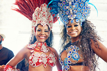 Image showing Samba, music and dance with women at carnival for celebration, party and festival in Rio de Janeiro. Summer break, show and creative with brazil girls for performance, holiday and culture event