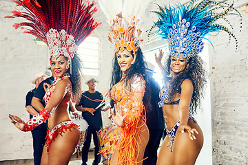 Image showing Samba, music and dance with women at carnival for celebration, party and festival in Rio de Janeiro. Summer break, show and creative with brazil girl group for performance, new year and culture