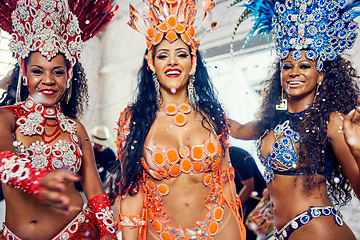 Image showing Samba, music and dance with women at carnival for celebration, party and festival in Rio de Janeiro. Summer break, show and creative with portrait brazil dancer for performance, new year and culture