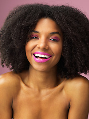 Image showing Face, hair care and funny black woman with makeup in studio isolated on a pink background for skincare. Hairstyle portrait, cosmetics and African female model with salon treatment for afro beauty.