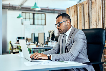 Image showing Business, startup and man with a laptop, typing and planning with connection, modern office or focus. Male person, employee or entrepreneur with a pc, technology or professional with career or growth