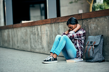 Image showing Woman, stress and student outdoor, university and mental health issue with burnout, overworked and deadline. Female person, academic and girl on the ground, sad and college with education and anxiety