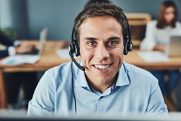 Image showing Businessman, call center and portrait smile for customer service, support or telemarketing at the office. Man employee, consultant or agent smiling for online advice, help or assistance in contact us