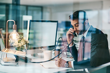 Image showing Business, glass and man planning, phone call and discussion for a project, deadline and professional. Male person, employee or consultant with a telephone, computer and writing with ideas and talking