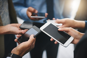 Image showing Business people, hands and phone with digital and screen in a office with online data. Contact, collaboration and web management team on mobile with sales charts and social network for planning