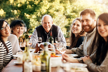 Image showing Food, portrait and family eating together at table to celebrate holiday, Christmas or thanksgiving. People or friends group outdoor with senior parents and sharing lunch and drinks in summer garden