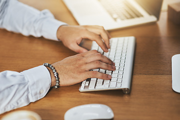 Image showing Hands, office or person typing on computer working on business project or online research at office desk. Man, closeup or male worker copywriting on blog report or internet article with keyboard