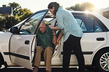 Image showing Car, help and woman with senior man for assisted living, retirement care and rehabilitation. Travel, transportation and female caregiver helping elderly male person from motor vehicle for assistance