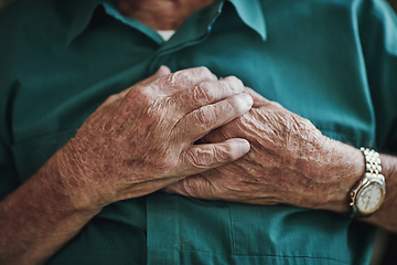 Image showing Senior man, hands on chest and heart attack, sick or medical emergency. Pain, cardiology and elderly male person with cardiac arrest, heartburn or stroke, breathing problem or retirement health risk.