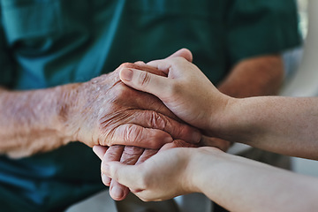 Image showing Support, senior man and woman holding hands with care, love and empathy while together for closeup. Hand of elderly male and person for hope, trust and kindness or help with life insurance and health