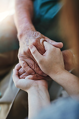 Image showing Senior man, woman and holding hands for support with care and empathy while together for closeup. Hand of elderly male and person for hope, trust and kindness or help with life insurance and health