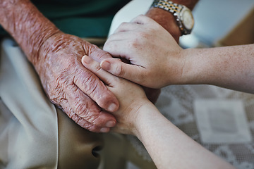 Image showing Elderly man, woman and holding hands for support with care and empathy while together for closeup. Hand of senior male and person for hope, trust and kindness or help with life insurance and health