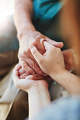 Image showing Woman, senior man and holding hands for support with care and empathy while together for closeup. Hand of elderly male and person for hope, trust and kindness or help with life insurance and health