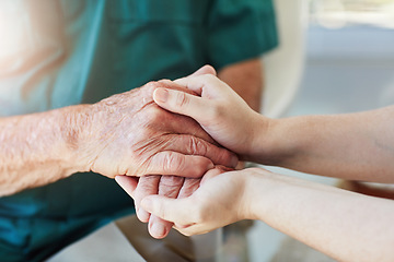 Image showing Elderly man, woman and holding hands for care, support and empathy while together for closeup. Hand of senior male and person for hope, trust and kindness or help with life insurance and health