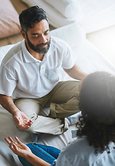 Image showing Couple, relax and meditation in living room for spiritual wellness, fitness or zen workout together at home. Man and woman relaxing in relationship, meditate or yoga class on floor for peaceful mind