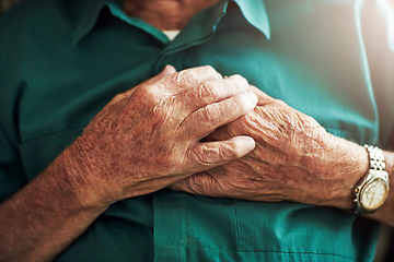 Image showing Elderly man, hands on chest and heart attack, sick or medical emergency. Pain, cardiology and senior male person with cardiac arrest, heartburn or stroke, breathing problem or retirement health risk.