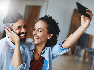 Image showing Happy couple, smile and love for selfie, profile picture or social media vlog together relaxing at home. Man and woman in relationship smiling for photo, online post or bonding memory in living room