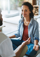 Image showing Couple, meditation and portrait smile of woman in spiritual wellness, fitness or zen workout together at home. Happy female yogi in relax, meditate or yoga on living room sofa for peaceful mind