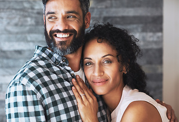 Image showing Love, hug and portrait of couple in home for commitment, loving embrace and trust in living room. Relationship, marriage and face of man and woman smile for intimate moment, happy and romantic bond