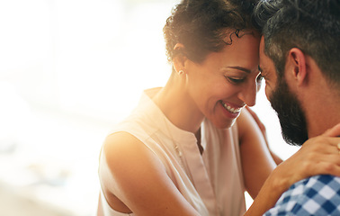 Image showing Love, hug and face of couple with lens flare for commitment, embrace and trust outdoors. Marriage, mockup space and happy man and woman smile for romance on holiday, vacation and happiness together