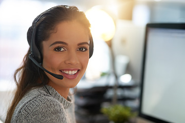 Image showing Call center, smile or portrait of happy woman at computer for customer service, help desk or consulting. CRM, mockup or ecommerce consultant in office for contact us, telemarketing or receptionist