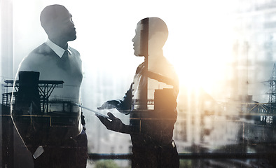 Image showing Silhouette, discussion and double exposure with business people in office for corporate, company and teamwork. Innovation, future and global with employee for workforce, development and abstract