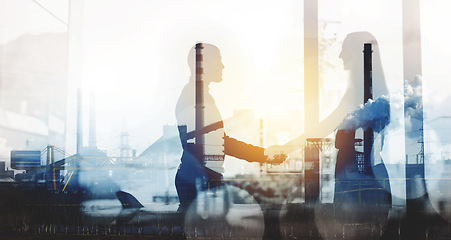 Image showing Silhouette, handshake and double exposure with business people in office for corporate, company and teamwork. Contract, deal and partnership with employee in for support, development and meeting