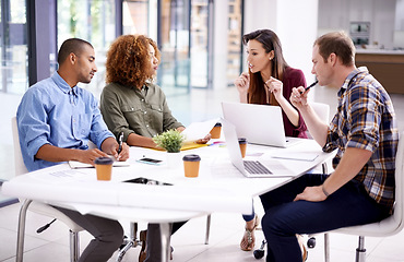 Image showing Team, meeting and planning strategy in office with thinking, discussion or brainstorming for ideas. Group, business people and conversation at startup agency for men, women or diversity with teamwork