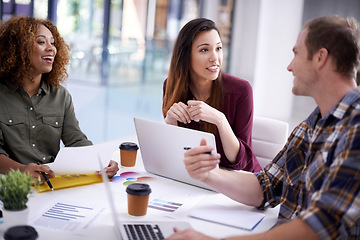 Image showing Business people, budget and planning strategy in group with thinking, talking and ideas. Group, startup team and happiness in conversation with men, women and financial graph documents for teamwork