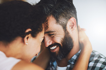 Image showing Happy, marriage and face of couple in home for commitment, loving embrace and trust for bonding. Love, relationship and man and woman smile together for romantic moment, care and intimacy in house