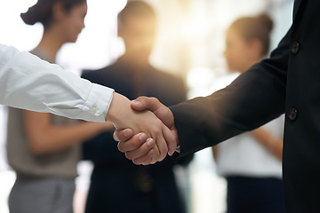 Image showing Handshake, business people and partnership deal at meeting for networking, b2b and success. Professional man and woman shaking hands as corporate partner for introduction, contract agreement or trust