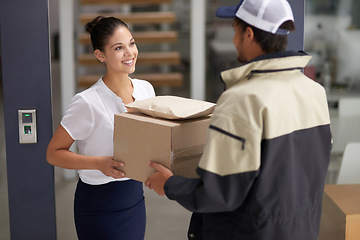 Image showing Business, woman and courier with delivery, office and box with shipping, customer and supplier. Female client, male employee or happy entrepreneur with a package, parcel and distribution with service