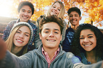 Image showing Selfie, teenager and group of friends in park, nature or fall trees and teens smile, picture of friendship and happiness for social media. Portrait, face and happy people together for autumn photo