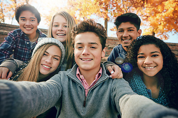 Image showing Friends, teenager and group selfie in the park, nature or fall trees and teens smile, picture of friendship and happiness for social media. Portrait, face and happy people together for autumn photo