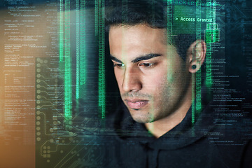 Image showing Hacking, coding and digital overlay of man with night software, password access or data programming. Cybersecurity, html code and system or server hacker, programmer or focus person with web database