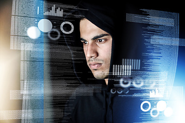 Image showing Data analysis, digital overlay and man, hacker or programmer in night hacking, programming or fintech crime. Software coding, information technology and focus person in hoodie for cybersecurity fraud