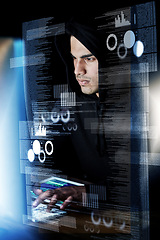 Image showing Computer, digital overlay and man, hacker or programmer for night hacking, programming or fintech app crime. Software coding, information technology and focus person in hoodie for cybersecurity fraud