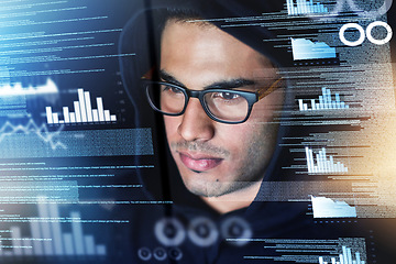 Image showing Data, digital overlay and man, hacker or programmer in night hacking, programming analysis or fintech crime. Software coding, information technology and focus person in hoodie for cybersecurity fraud