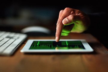 Image showing Hacker, man hands and tablet screen for software data, crack code or password and dark room in cybersecurity crime. Online, cyber thief and coding application of person hacking digital technology app