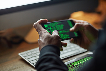 Image showing Hacking, phone screen and man hands for software data, crack code or password and internet or cybersecurity crime. Online, cyber thief and coding system of person or hacker on cellphone or mobile app