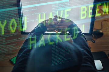 Image showing Hacker, man hands and computer screen for software hacking, coding or programming success at night in digital overlay. Code crack, information technology and programmer person stretching on desktop