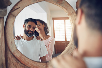 Image showing Smile, reflection and morning with couple in mirror for wake up, support and love. Happy, commitment and happiness with man and woman bonding at home for motivation, helping and care together