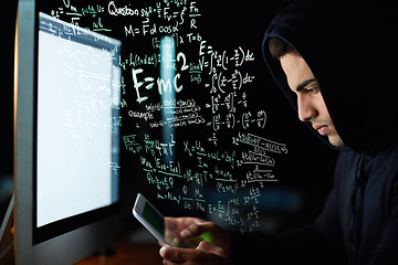 Image showing Phone coding, computer and hacker man with software code, password hacking and math or digital overlay. Online crime, cybersecurity and programmer person in hoodie, mobile app or pc and data hologram