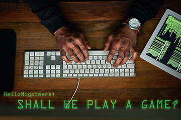 Image showing Keyboard, hacking and man hands in gaming virus, software danger and programming in digital tech overlay. Online games, cyber attack and coding scam of gamer person on computer or tablet screen above