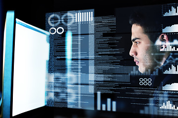 Image showing Computer screen, overlay and man in night data analysis, stock market research and graphs or charts solution. Trade, digital statistics or software information technology, focus person and desktop 3d