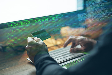 Image showing Computer, credit card and man hands for password, crack code or access in digital overlay and night cybersecurity. Fraud, scam and desktop of programmer or hacker person hacking bank or fintech data